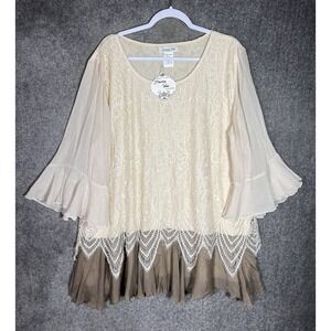 Paisley Vine Lace Overlay Tunic Top Womens Size 2XL Cream‎ Taupe 3/4 Bell Sleeve